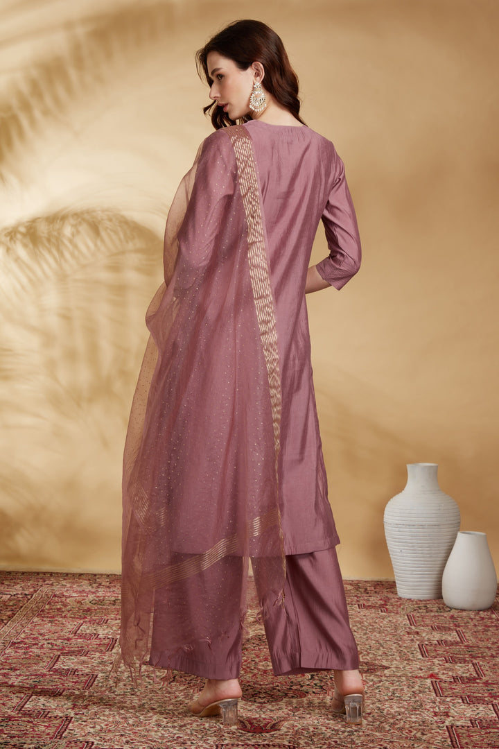 Light Purple Roman Silk Embroidered Straight Kurta Pant and Dupatta Suit Set