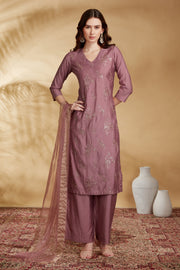 Light Purple Roman Silk Embroidered Straight Kurta Pant and Dupatta Suit Set