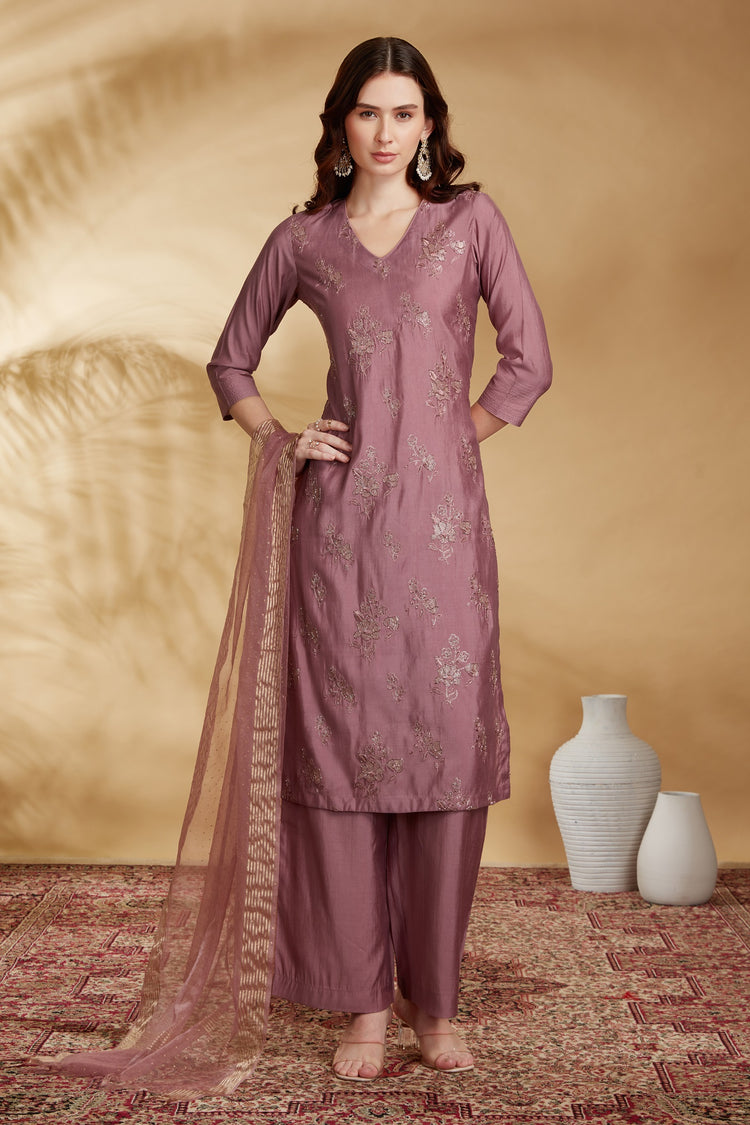 Light Purple Roman Silk Embroidered Straight Kurta Pant and Dupatta Suit Set