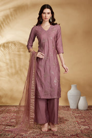 Light Purple Roman Silk Embroidered Straight Kurta Pant and Dupatta Suit Set