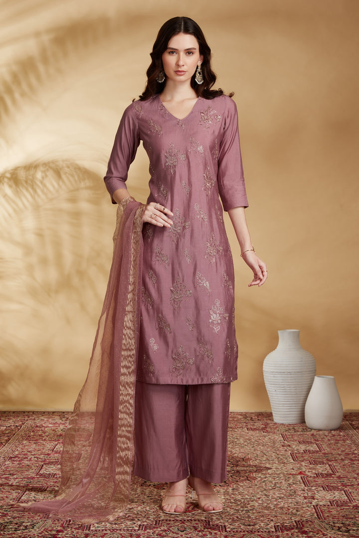 Light Purple Roman Silk Embroidered Straight Kurta Pant and Dupatta Suit Set