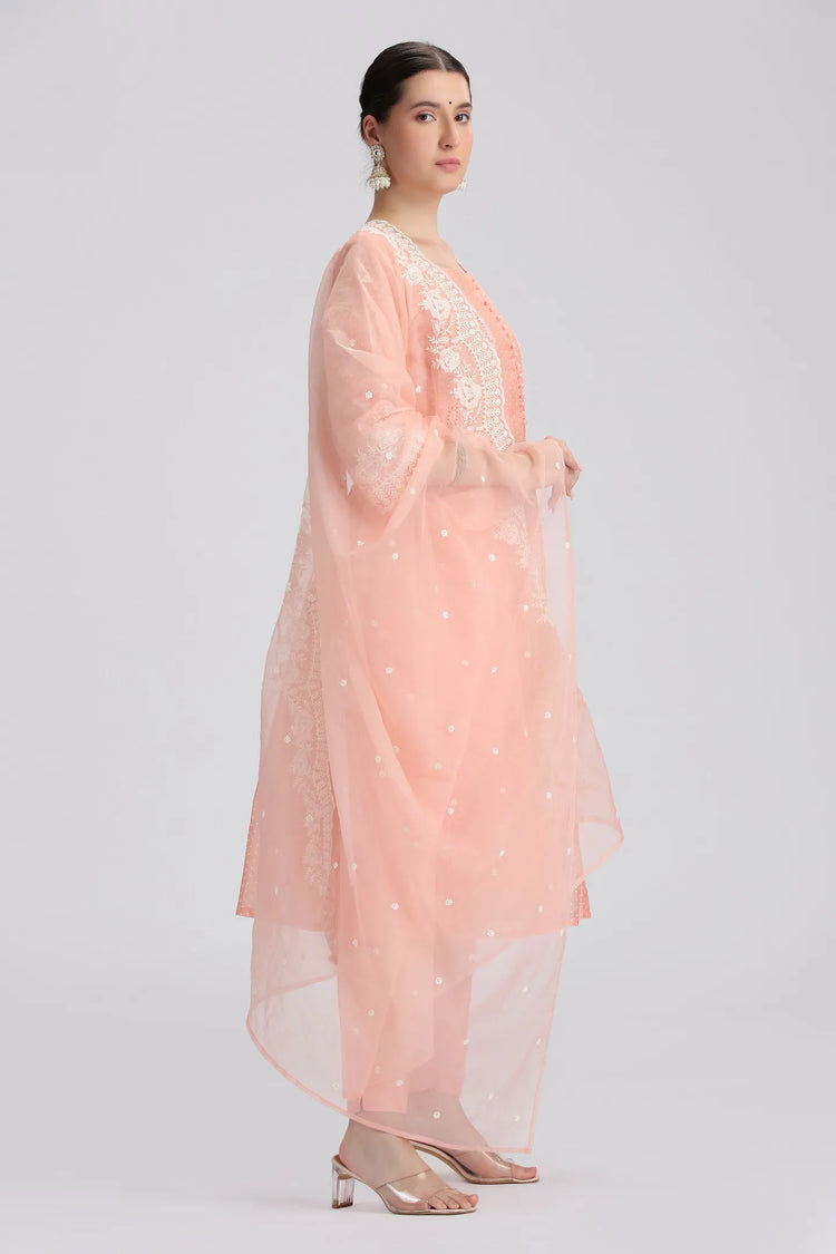 Light Salmon Chanderi Embroidered A Line Kurta Pant and Dupatta Suit Set