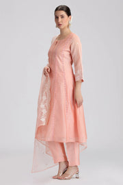 Light Salmon Chanderi Embroidered A Line Kurta Pant and Dupatta Suit Set