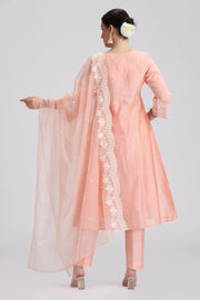 Light Salmon Chanderi Embroidered A Line Kurta Pant and Dupatta Suit Set