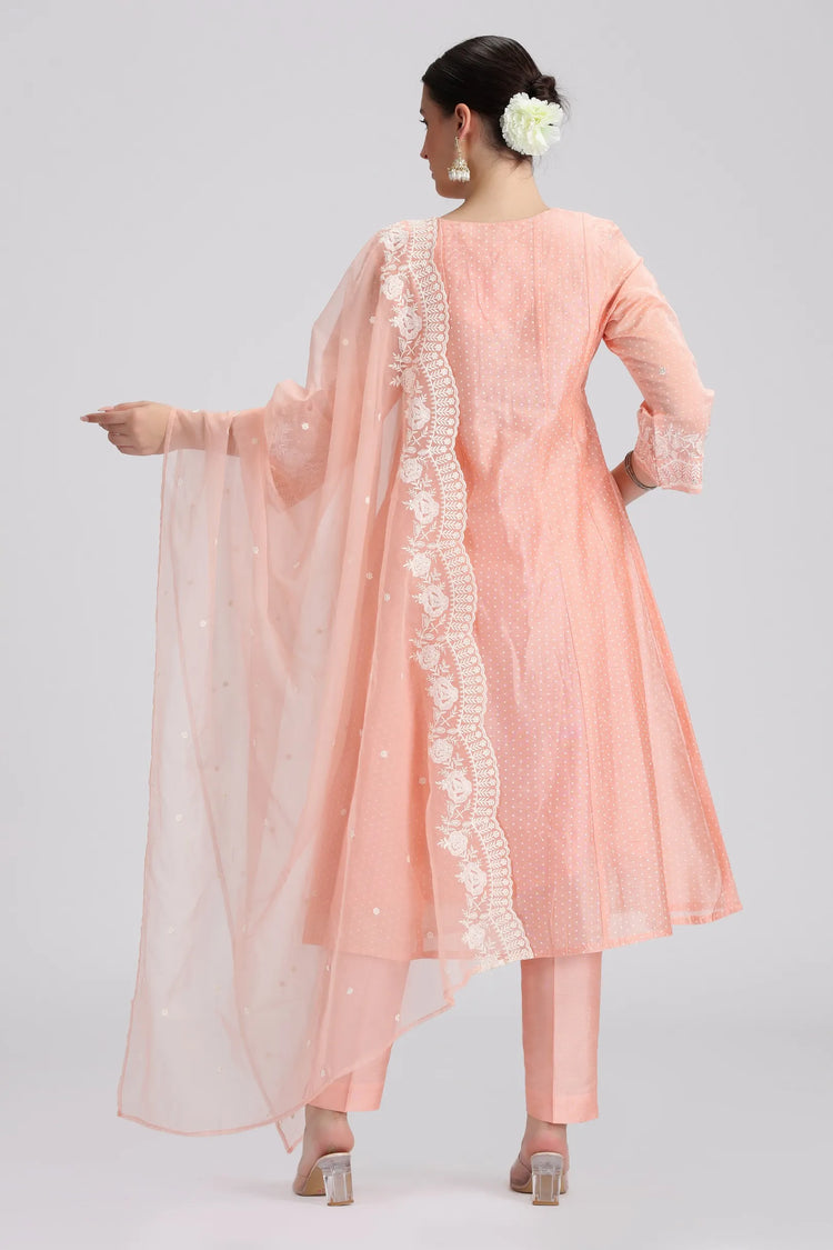 Light Salmon Chanderi Embroidered A Line Kurta Pant and Dupatta Suit Set