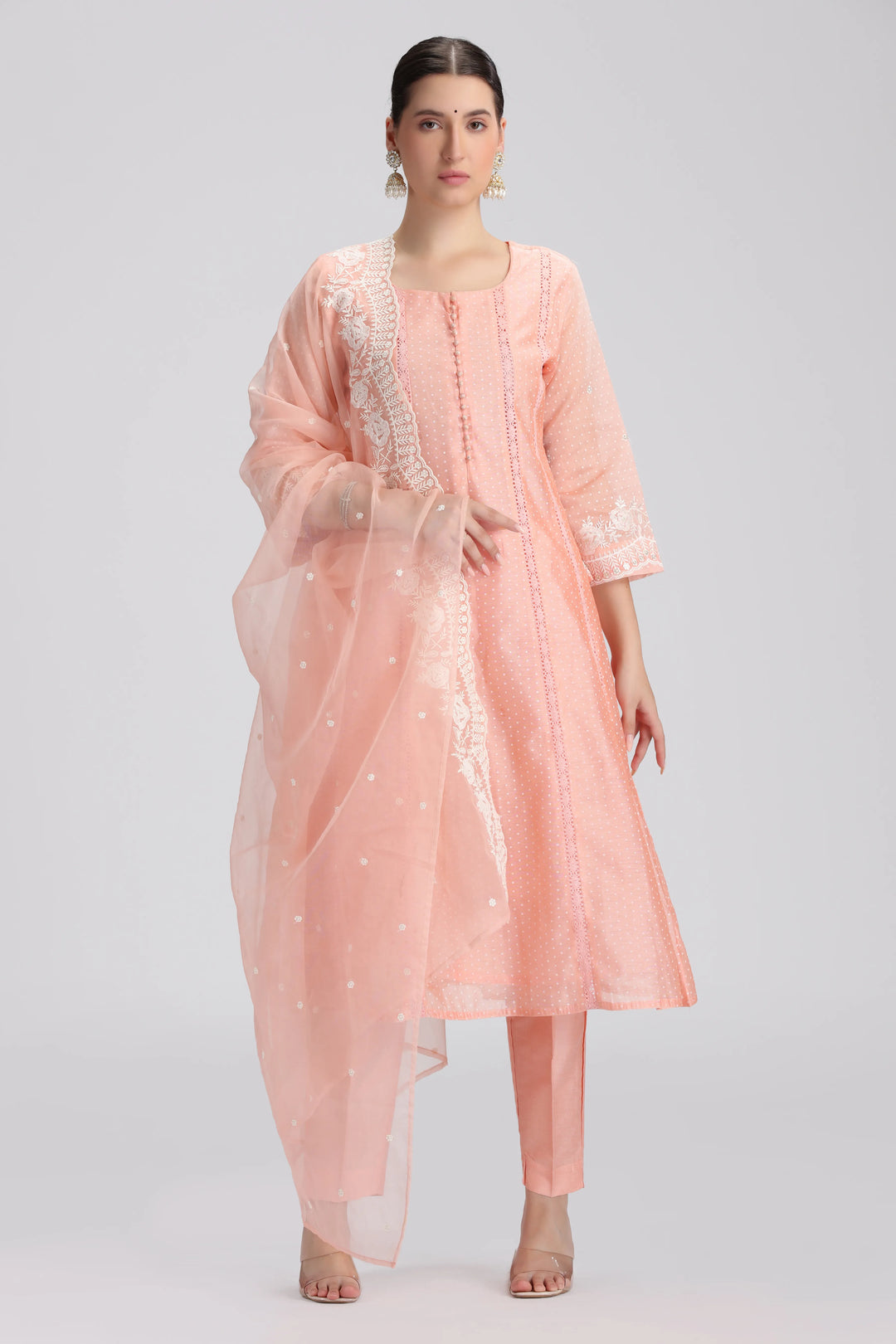 Light Salmon Chanderi Embroidered A Line Kurta Pant and Dupatta Suit Set