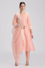 Light Salmon Chanderi Embroidered A Line Kurta Pant and Dupatta Suit Set