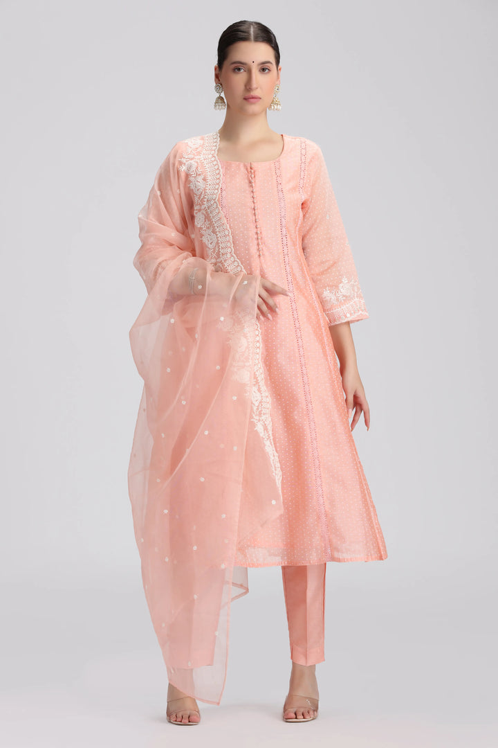 Light Salmon Chanderi Embroidered A Line Kurta Pant and Dupatta Suit Set