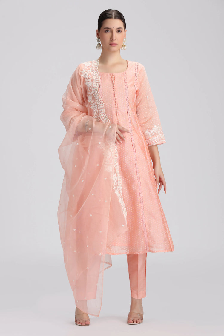 Light Salmon Chanderi Embroidered A Line Kurta Pant and Dupatta Suit Set