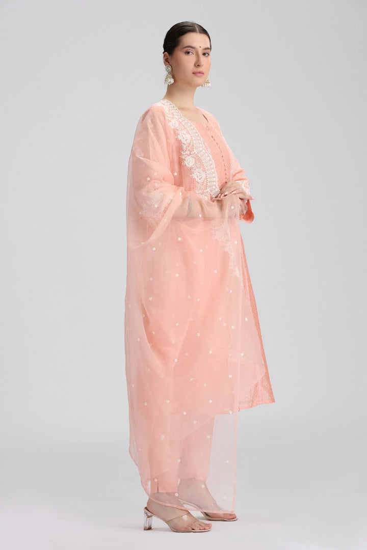 Light Salmon Chanderi Embroidered A Line Kurta Pant and Dupatta Suit Set