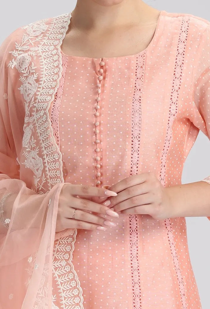 Light Salmon Chanderi Embroidered A Line Kurta Pant and Dupatta Suit Set