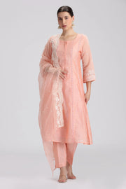Light Salmon Chanderi Embroidered A Line Kurta Pant and Dupatta Suit Set