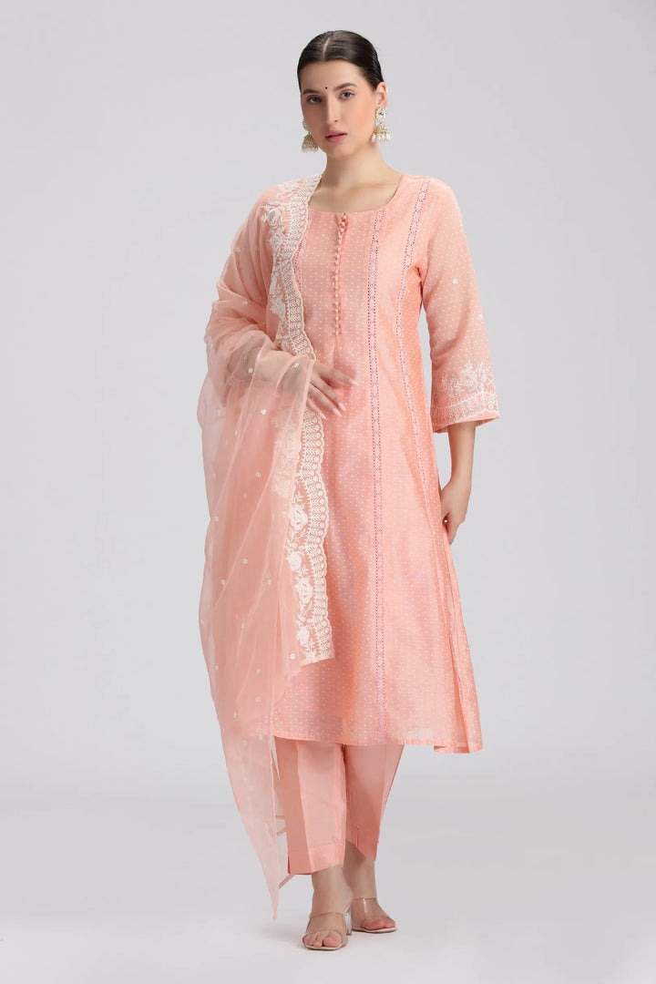 Light Salmon Chanderi Embroidered A Line Kurta Pant and Dupatta Suit Set