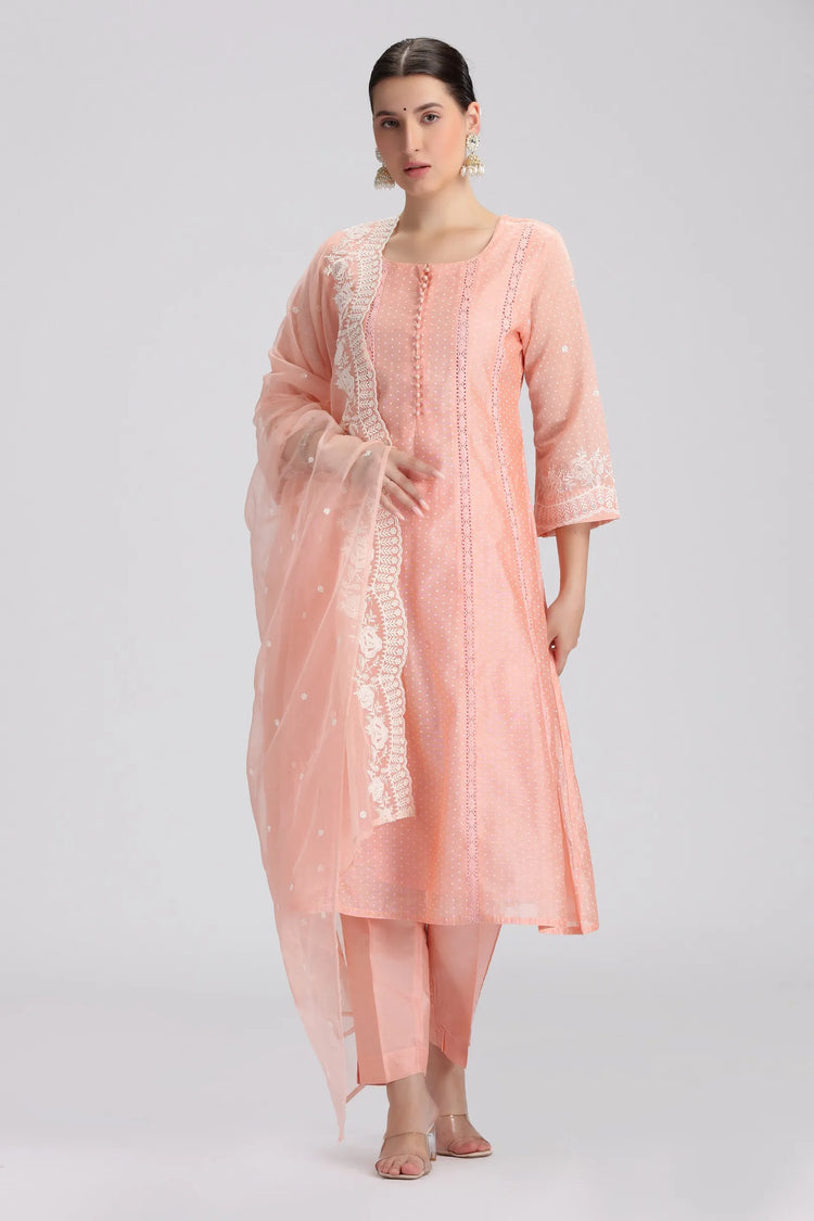 Light Salmon Chanderi Embroidered A Line Kurta Pant and Dupatta Suit Set