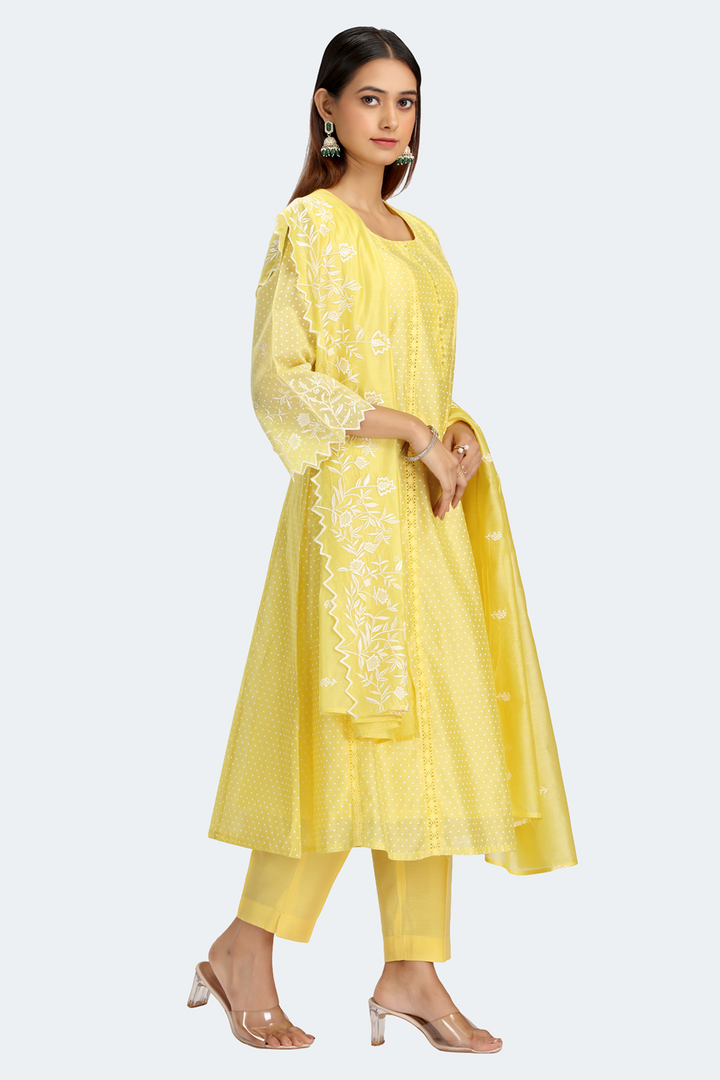 Light Yellow Chanderi Embroidered A Line Kurta Pant and Dupatta Suit Set