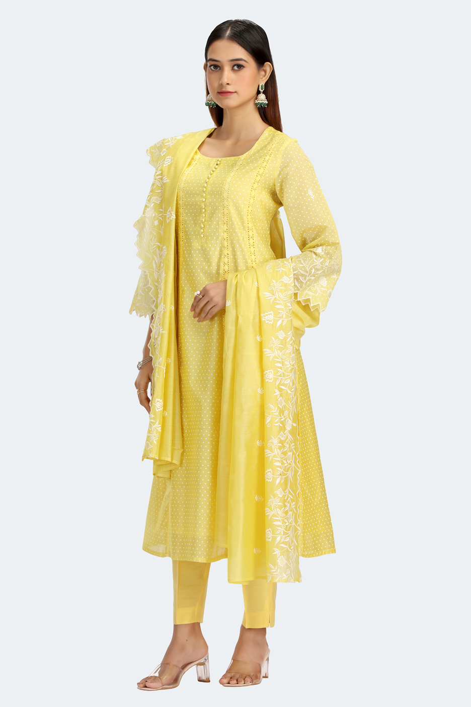 Light Yellow Chanderi Embroidered A Line Kurta Pant and Dupatta Suit Set