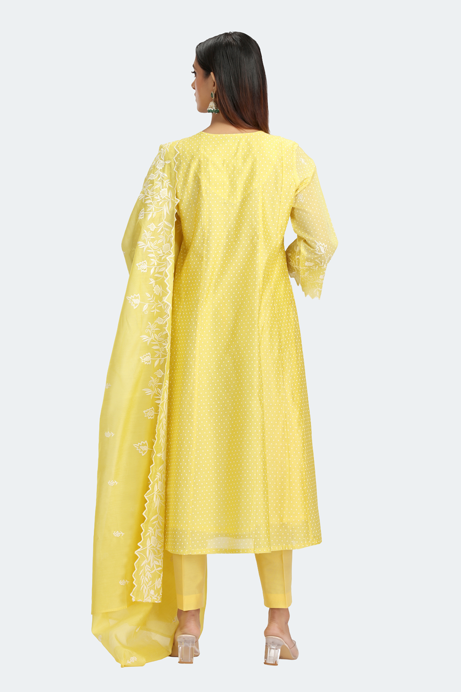 Light Yellow Chanderi Embroidered A Line Kurta Pant and Dupatta Suit Set