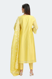 Light Yellow Chanderi Embroidered A Line Kurta Pant and Dupatta Suit Set