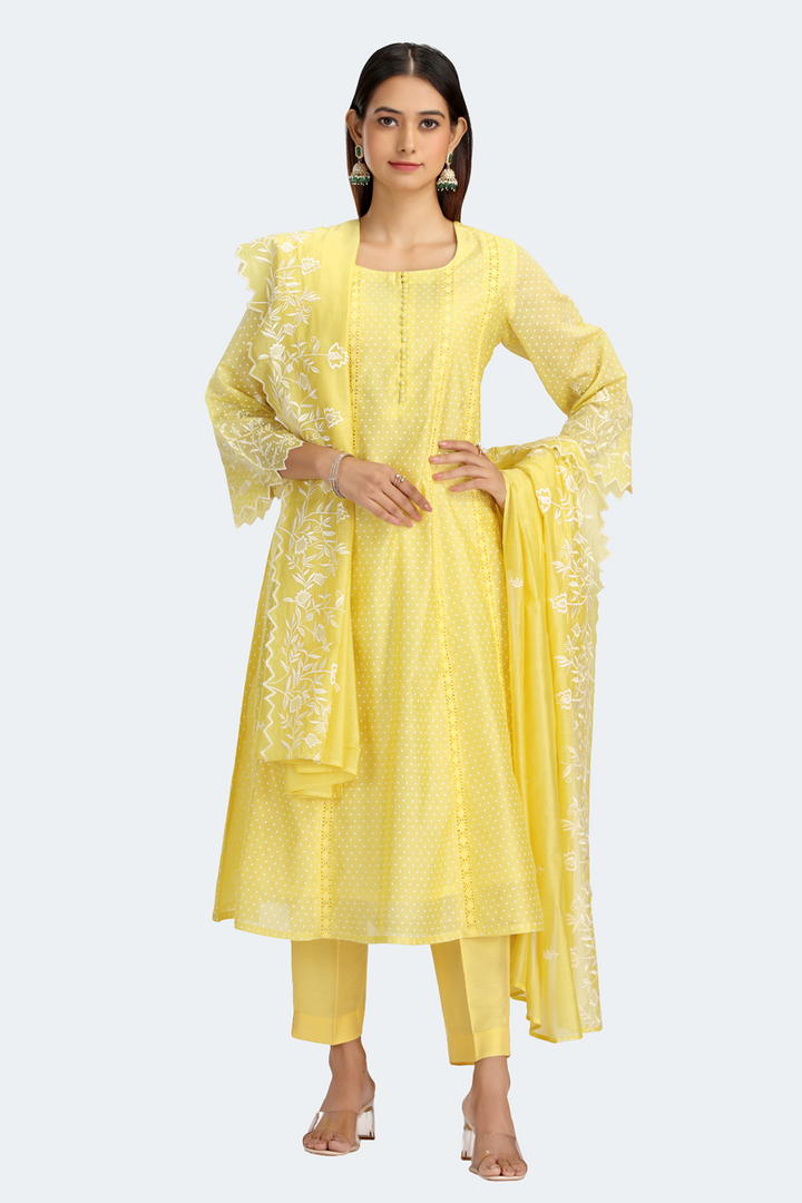 Light Yellow Chanderi Embroidered A Line Kurta Pant and Dupatta Suit Set