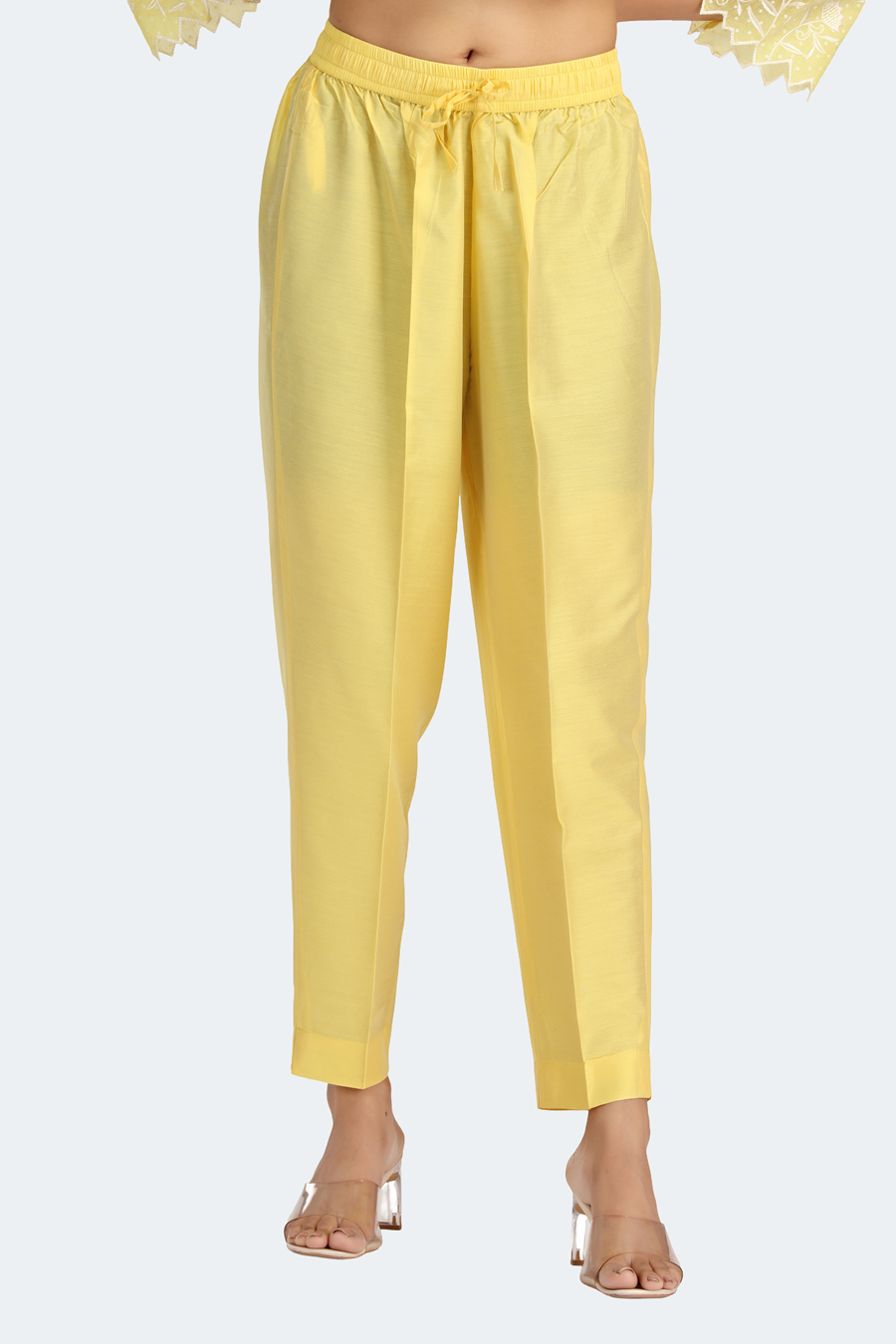 Light Yellow Chanderi Embroidered A Line Kurta Pant and Dupatta Suit Set