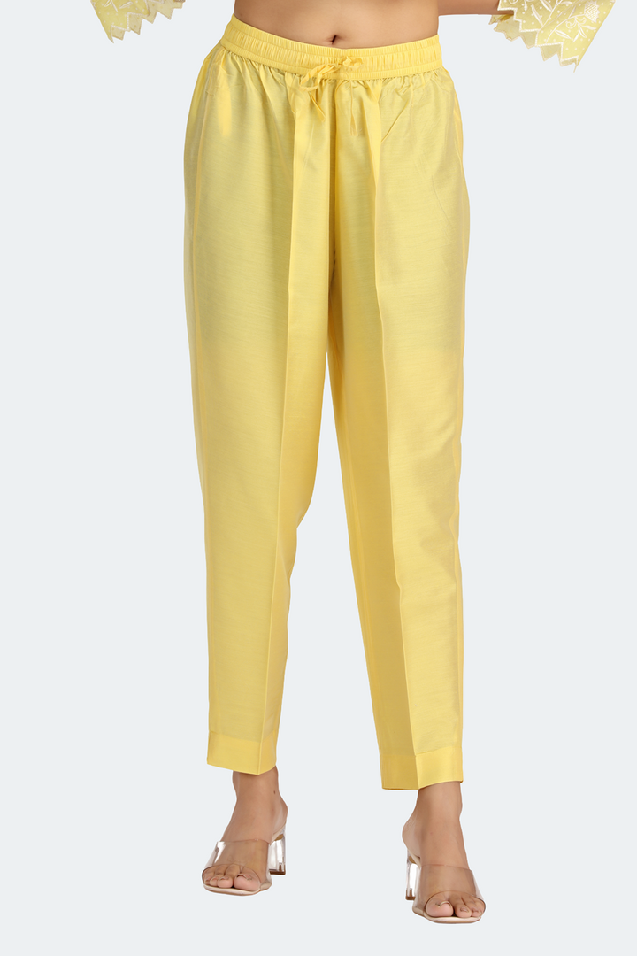 Light Yellow Chanderi Embroidered A Line Kurta Pant and Dupatta Suit Set