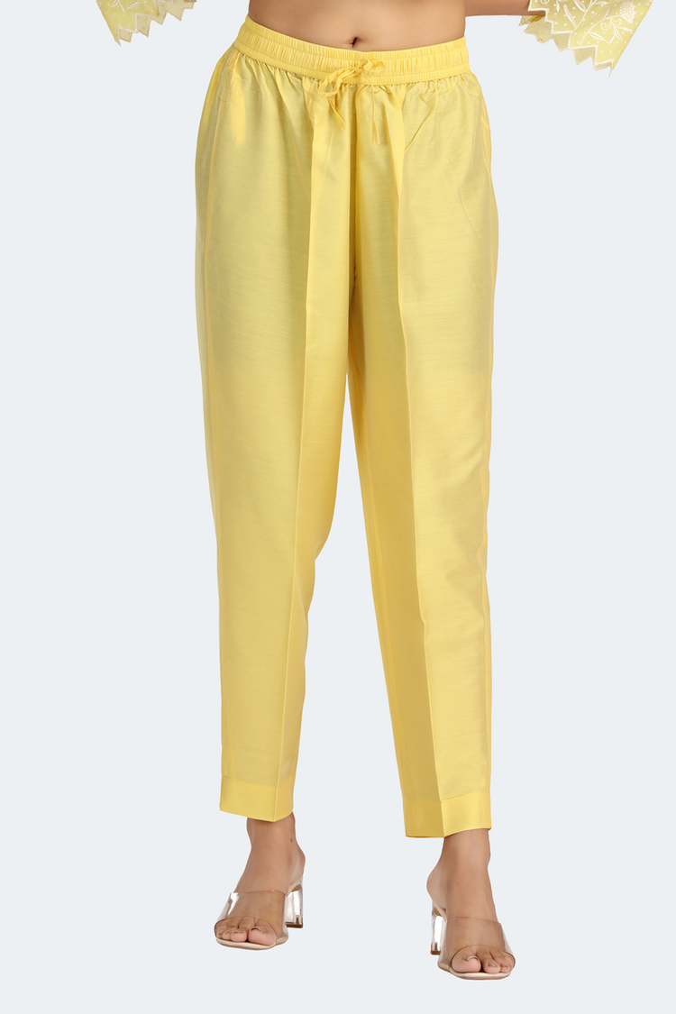 Light Yellow Chanderi Embroidered A Line Kurta Pant and Dupatta Suit Set