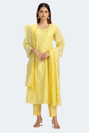 Light Yellow Chanderi Embroidered A Line Kurta Pant and Dupatta Suit Set