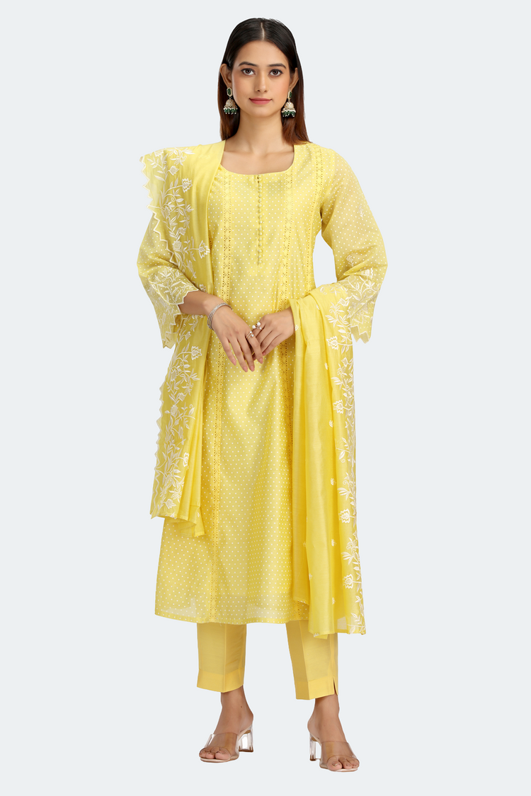 Light Yellow Chanderi Embroidered A Line Kurta Pant and Dupatta Suit Set