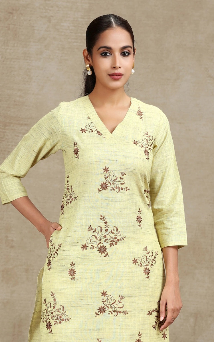 Light Yellow Embroidered A-Line Kurta