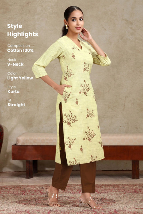 Light Yellow Embroidered A-Line Kurta