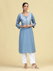Light Blue Embroidered Handloom Cotton Straight Kurta