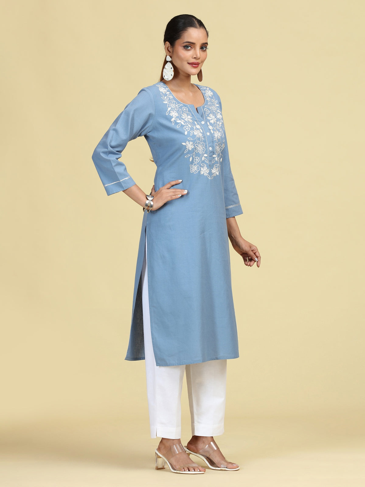 Light Blue Embroidered Handloom Cotton Straight Kurta