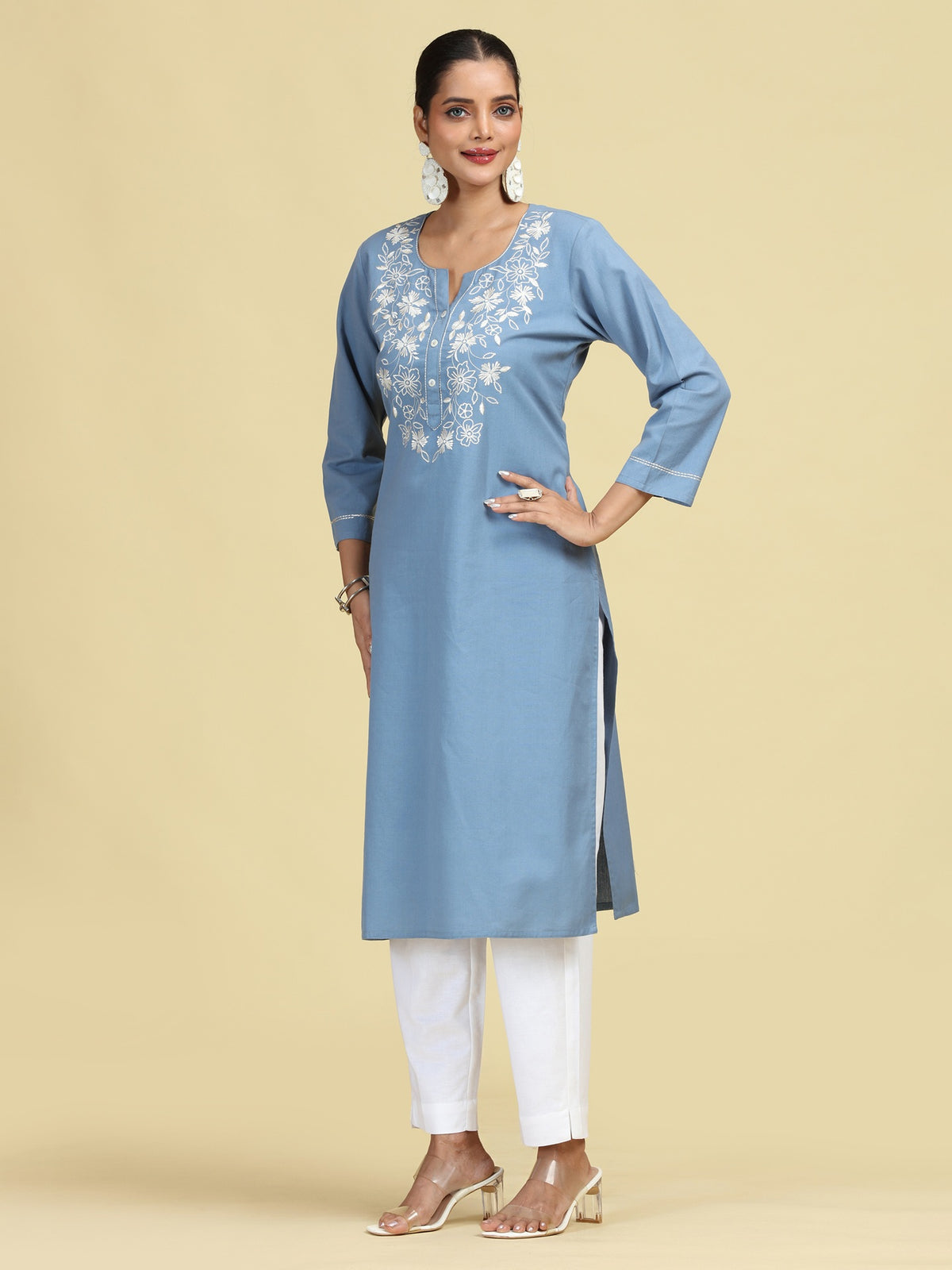 Light Blue Embroidered Handloom Cotton Straight Kurta
