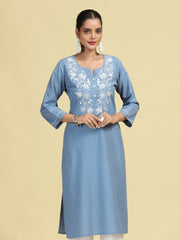 Light Blue Embroidered Handloom Cotton Straight Kurta