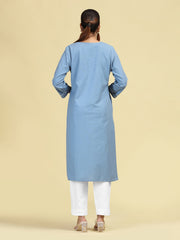 Light Blue Embroidered Handloom Cotton Straight Kurta