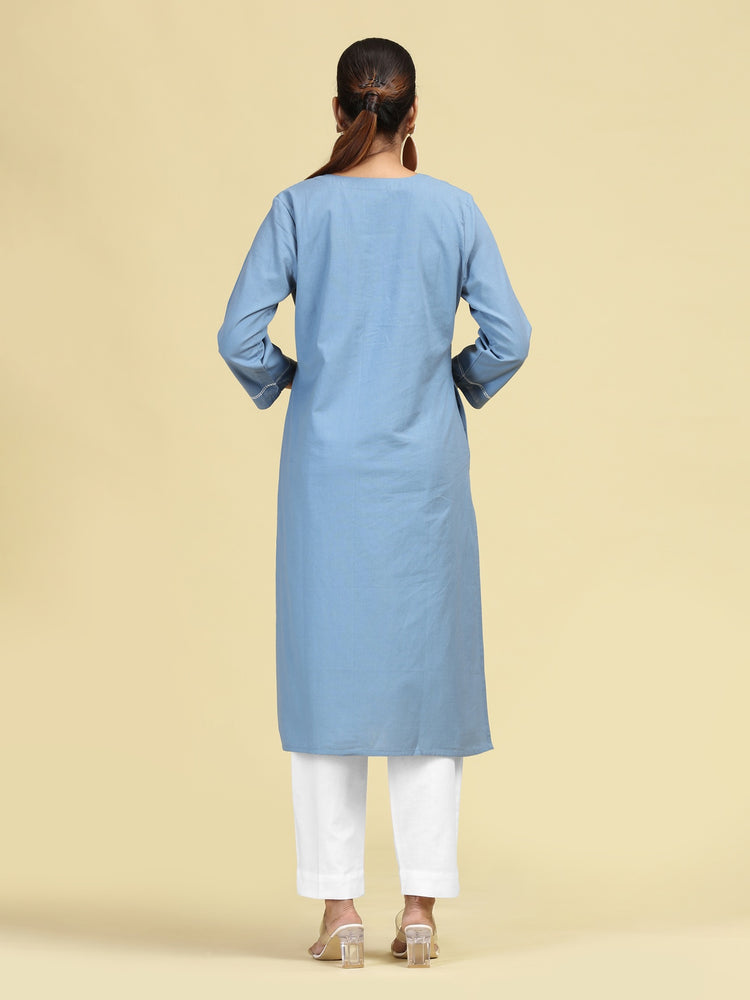 Light Blue Embroidered Handloom Cotton Straight Kurta