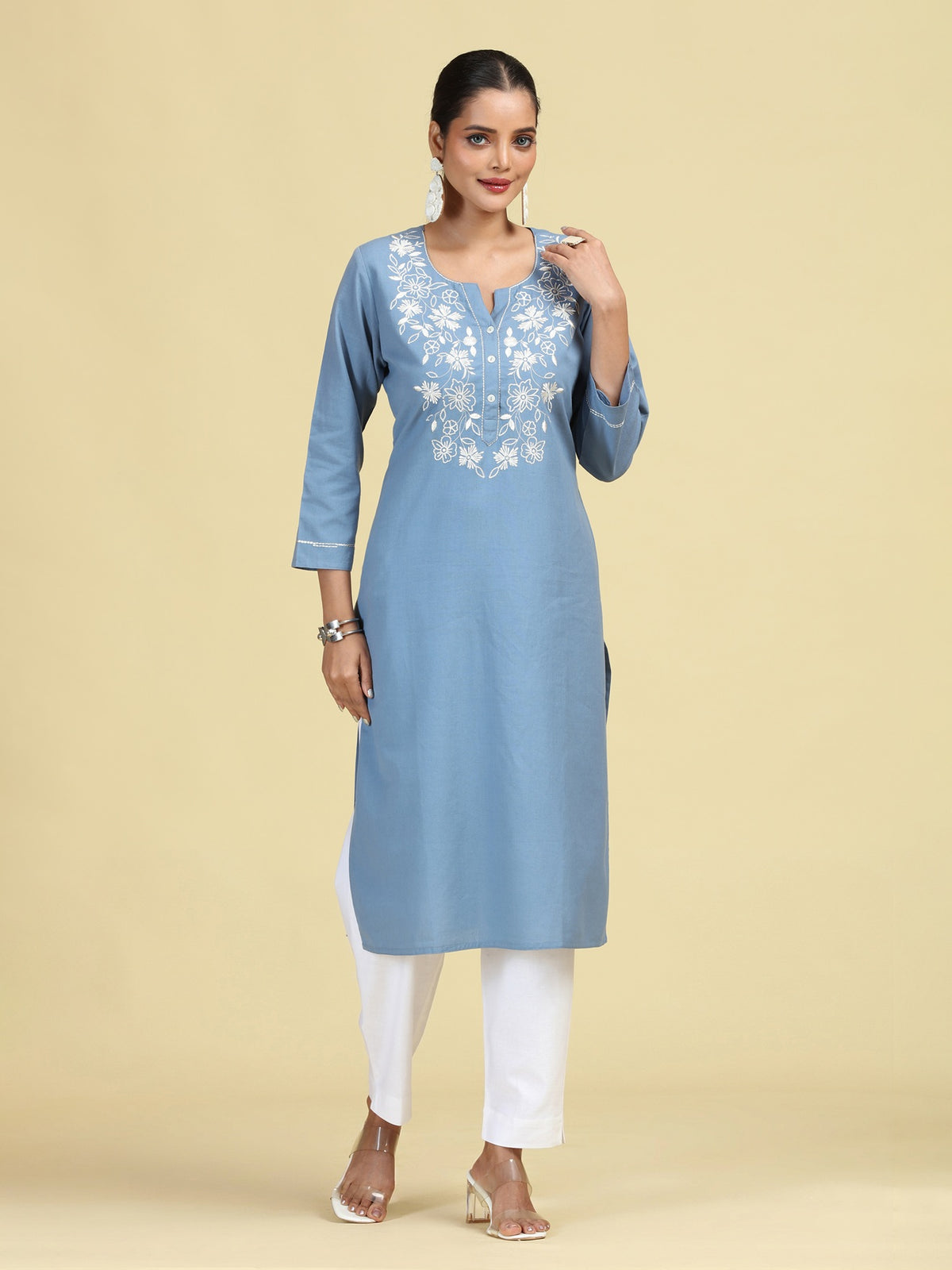 Light Blue Embroidered Handloom Cotton Straight Kurta