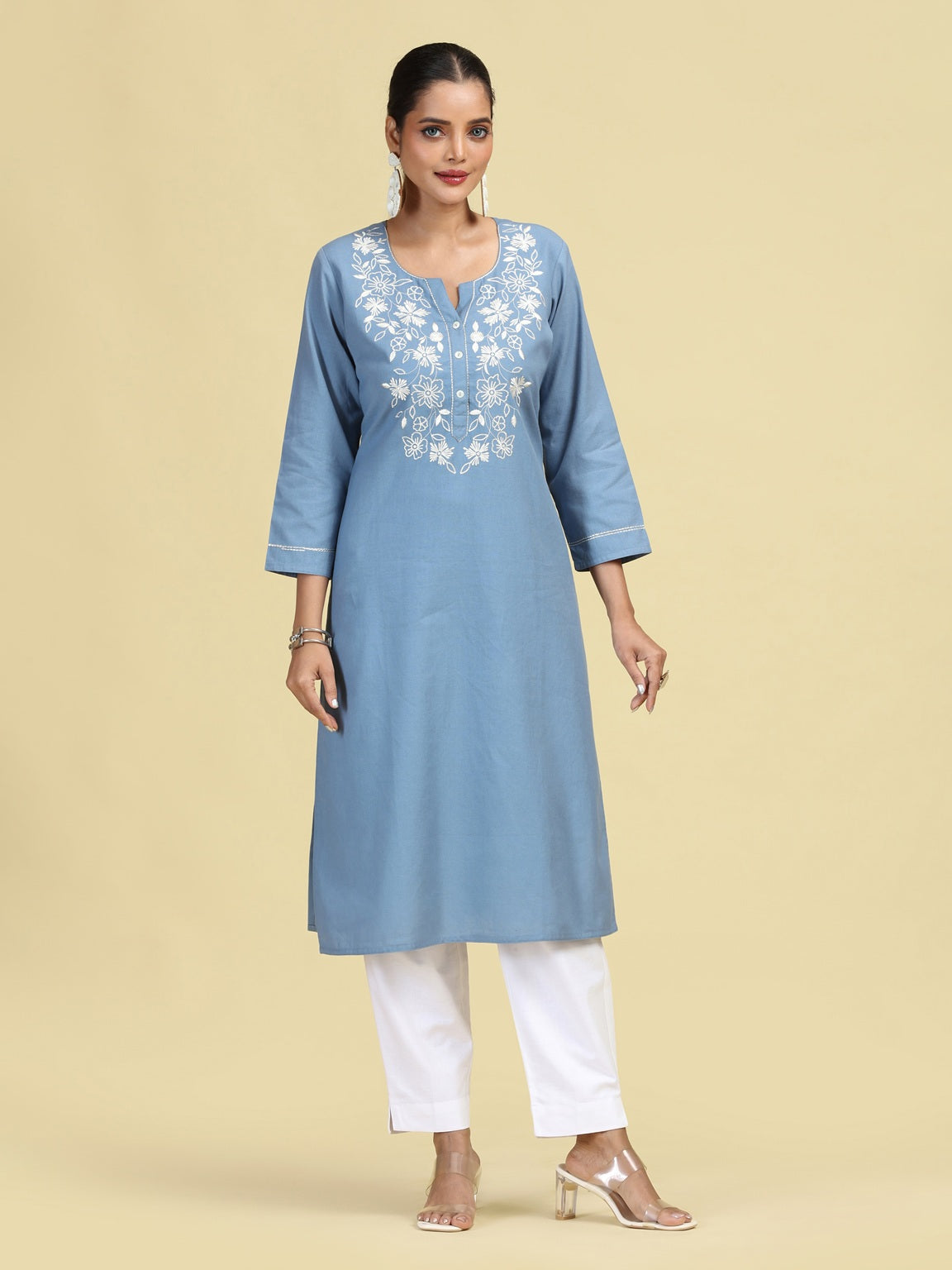 Light Blue Embroidered Handloom Cotton Straight Kurta