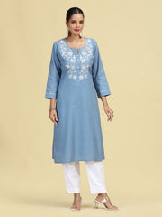 Light Blue Embroidered Handloom Cotton Straight Kurta