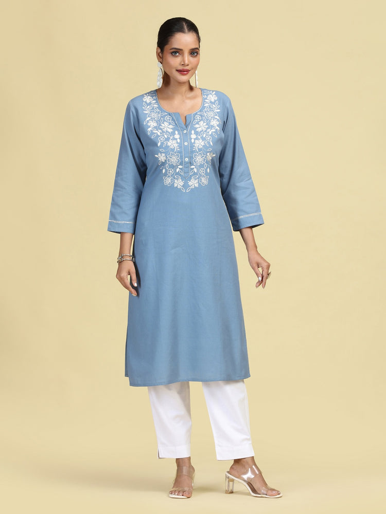 Light Blue Embroidered Handloom Cotton Straight Kurta