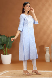 Light Blue Jacquard Cotton Straight Embroidered Kurta for women and girls