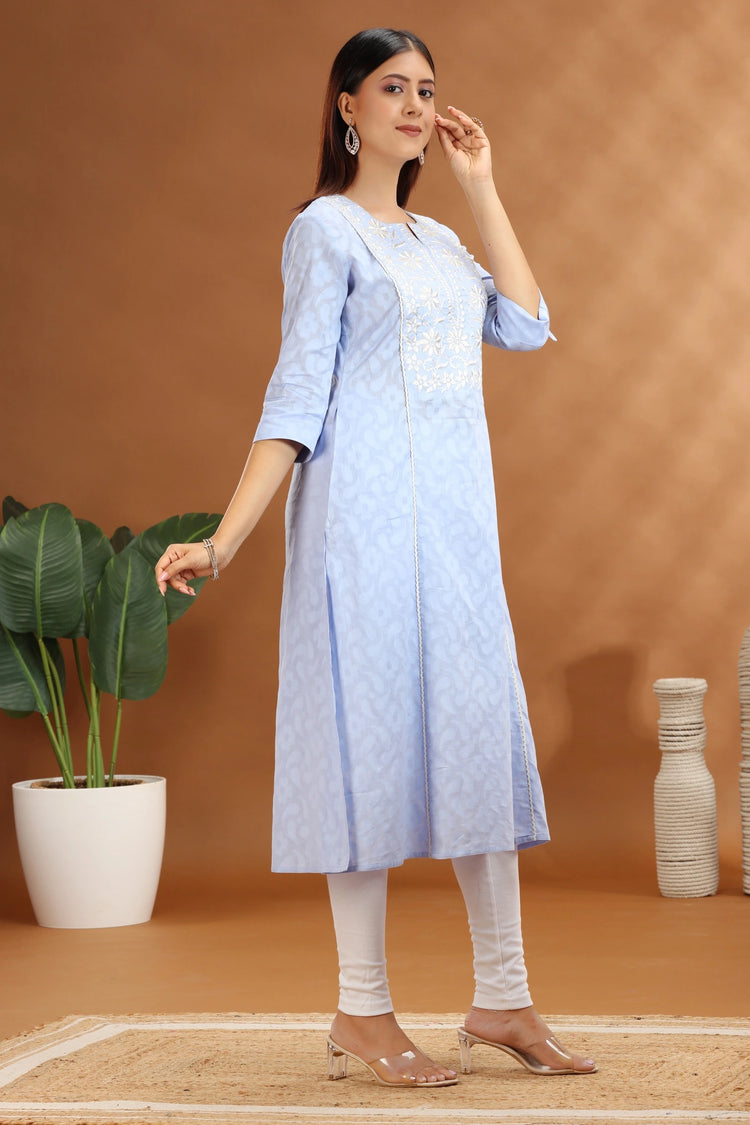 Light Blue Jacquard Cotton Straight Embroidered Kurta for women and girls