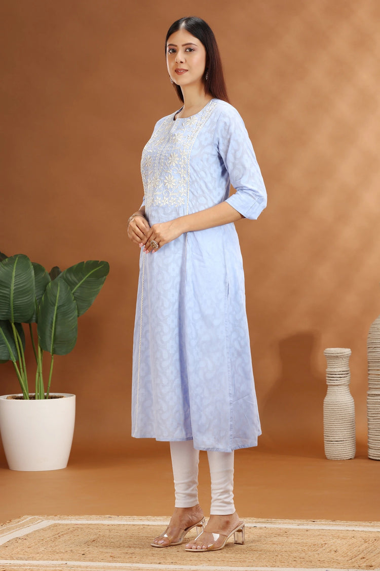 Light Blue Jacquard Cotton Straight Embroidered Kurta for women and girls