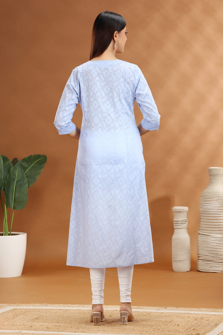 Light Blue Jacquard Cotton Straight Embroidered Kurta for women and girls