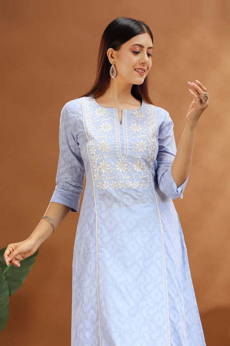 Light Blue Jacquard Cotton Straight Embroidered Kurta