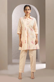 Light Peach Slub Cotton Embroidered Straight Kurta and Pant Set for women and girls