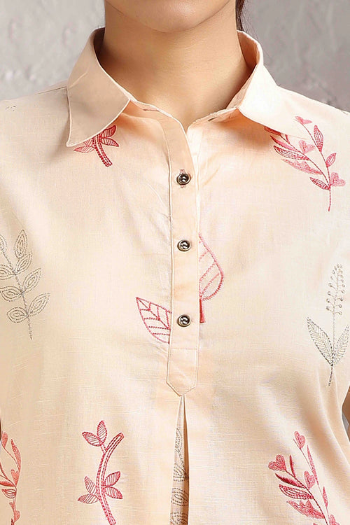 Light Peach Slub Cotton Embroidered Straight Kurta and Pant Set for women and girls