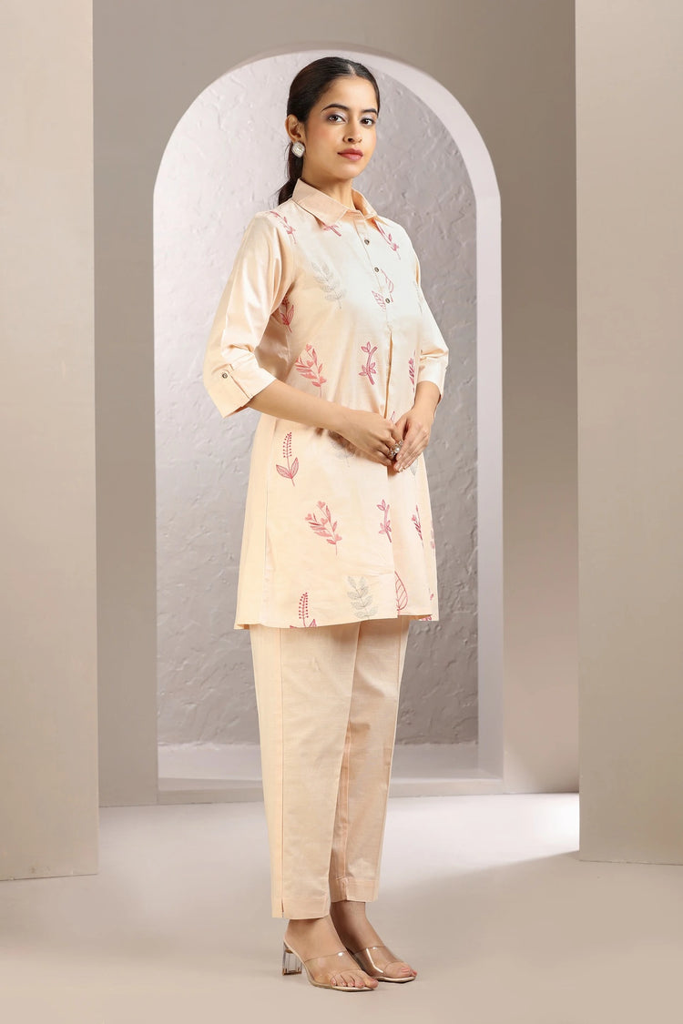 Light Peach Slub Cotton Embroidered Straight Kurta and Pant Set for women and girls