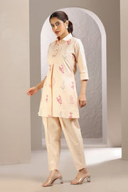 Light Peach Slub Cotton Embroidered Straight Kurta and Pant Set for women and girls