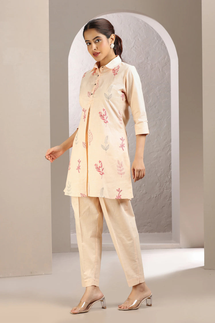 Light Peach Slub Cotton Embroidered Straight Kurta and Pant Set for women and girls